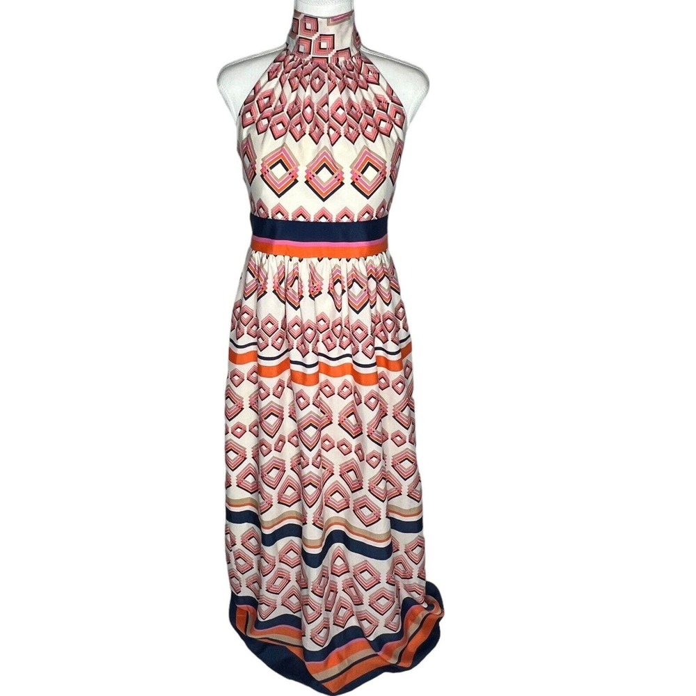 Eliza J Women Size 8 Cream Ivory High Neck Tie Halter geometric Long Maxi dress - Picture 8 of 15